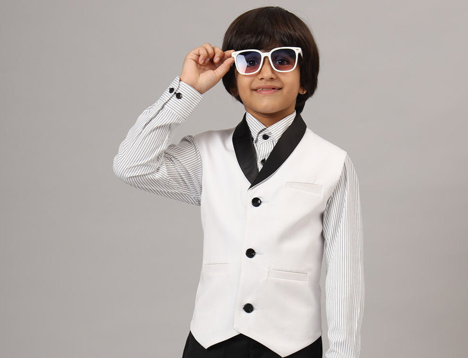 Kids White 3 Piece Waistcoat, Shirt And Trousers Set - Tahvo India