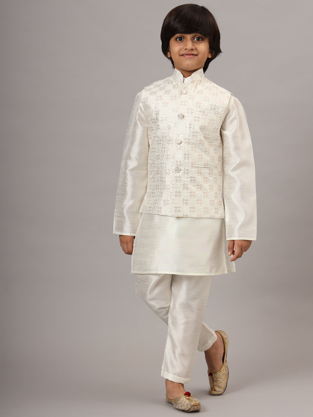 Boys Pearl White Kurta Set With Embroidered Nehru Jacket - Tahvo India