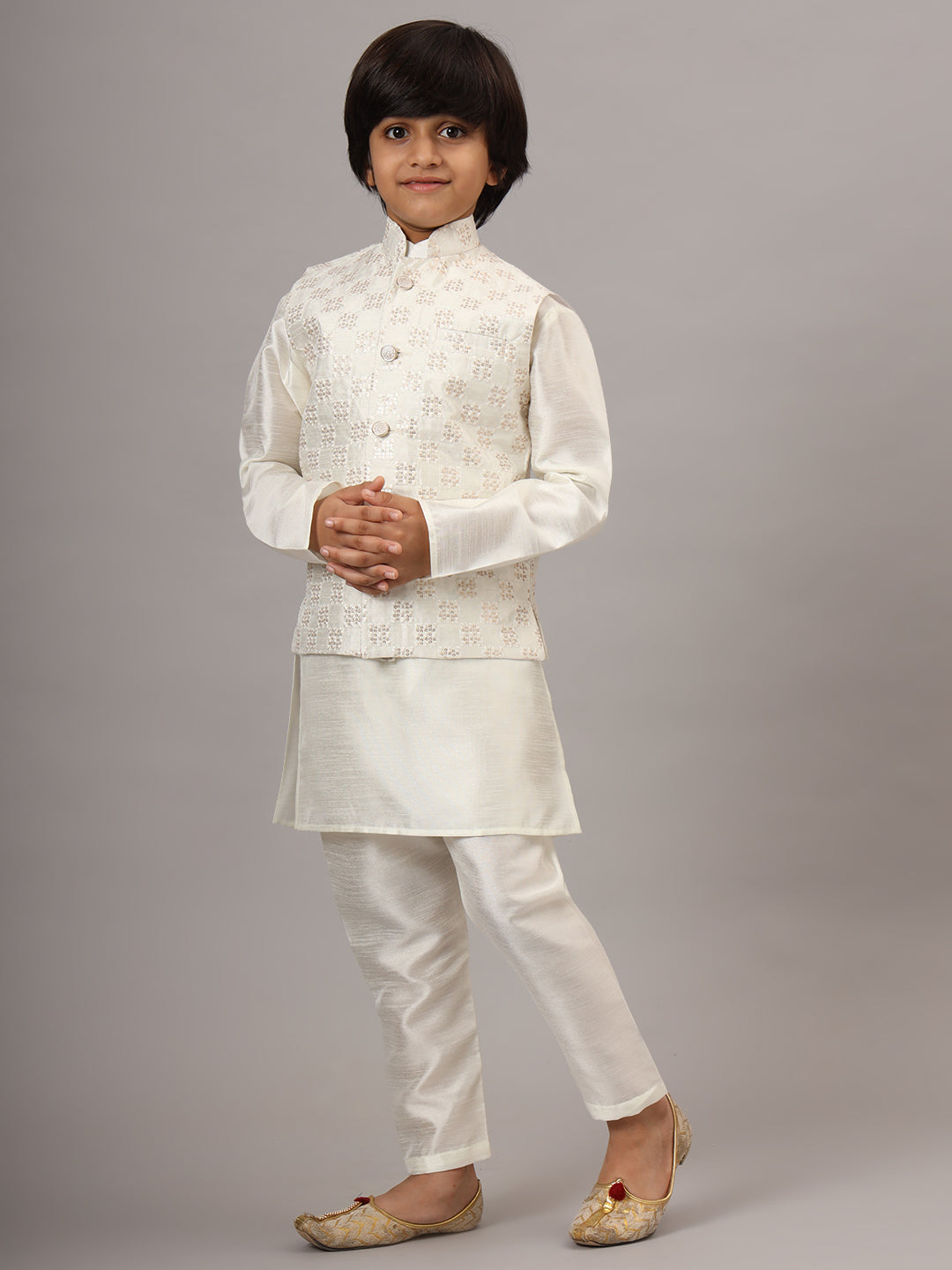 Boys Pearl White Kurta Set With Embroidered Nehru Jacket - Tahvo India