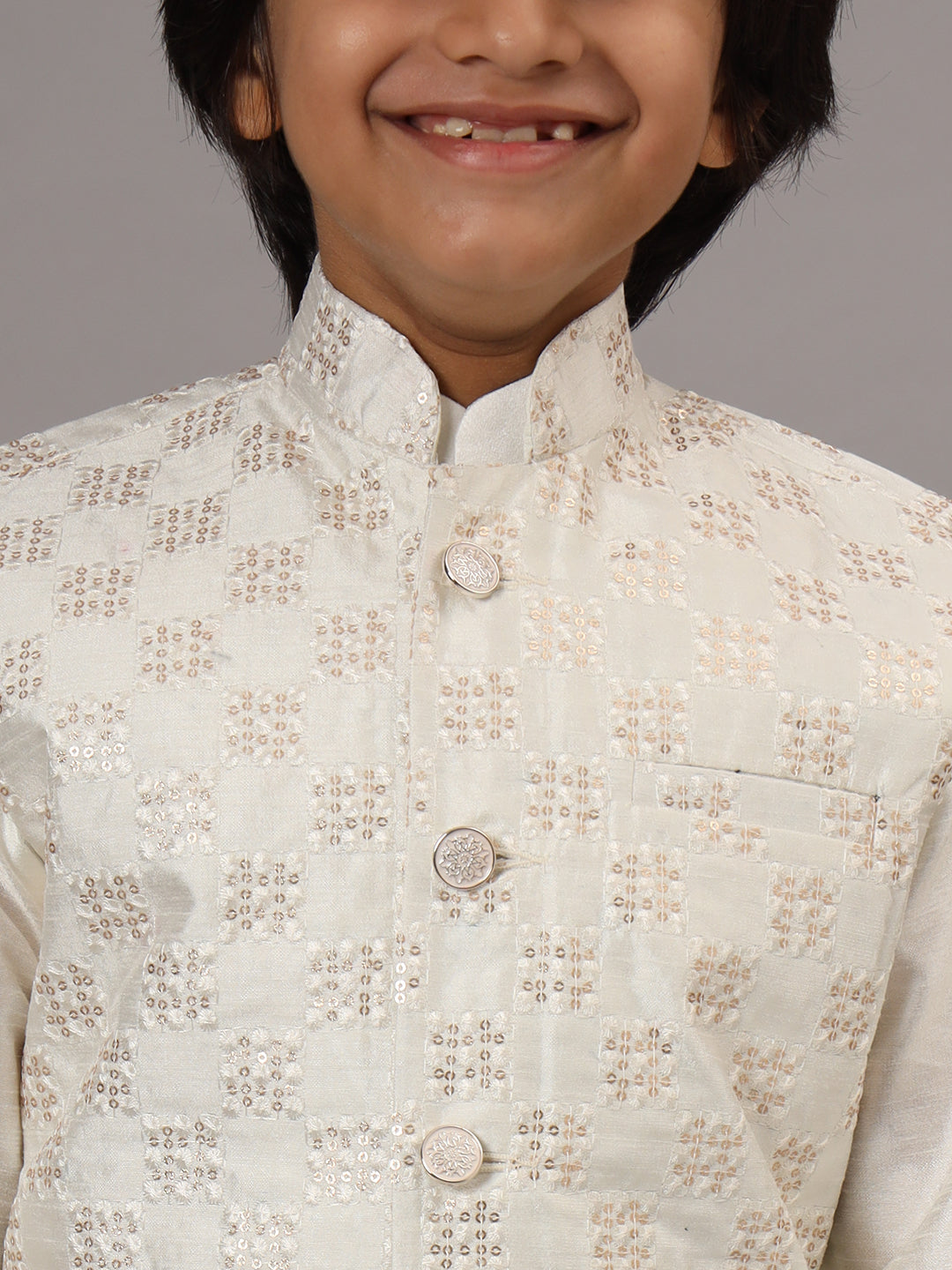 Boys Pearl White Kurta Set With Embroidered Nehru Jacket - Tahvo India