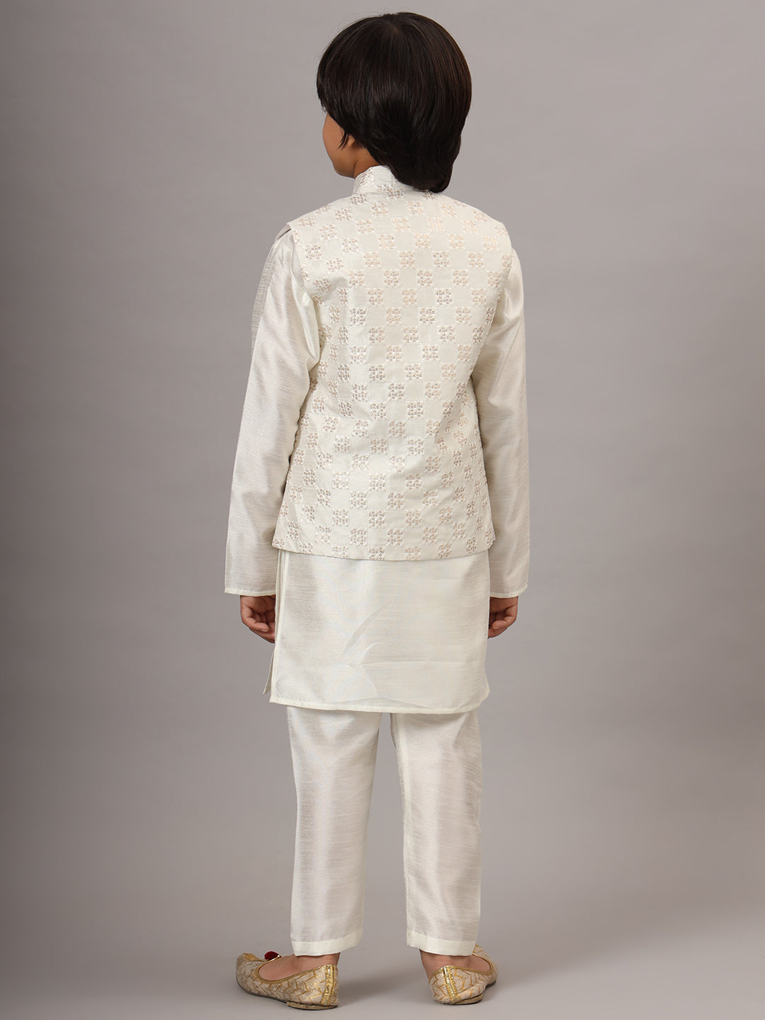 Boys Pearl White Kurta Set With Embroidered Nehru Jacket - Tahvo India