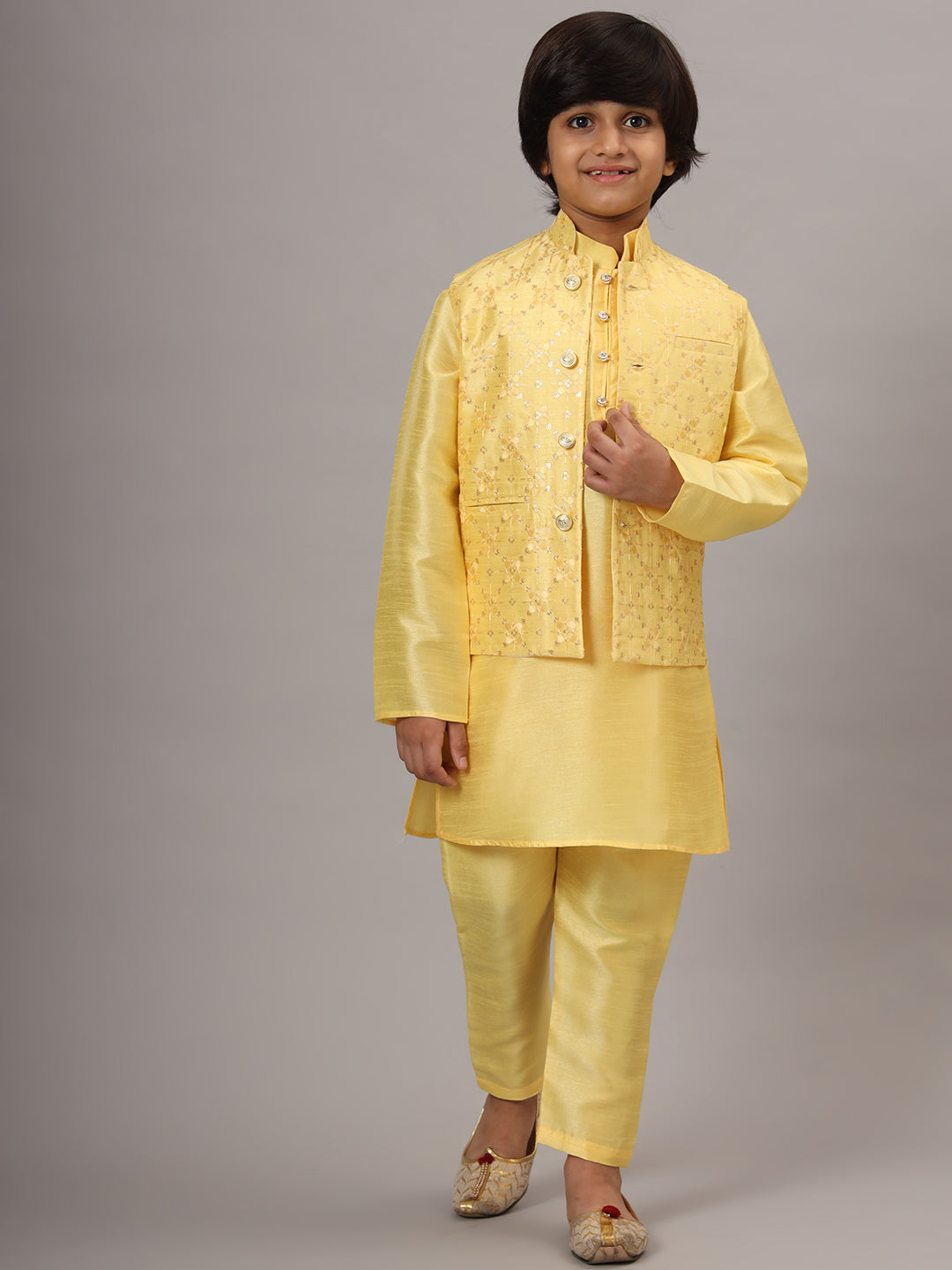 Boys Yellow Kurta Set With Embroidered Nehru Jacket - Tahvo India