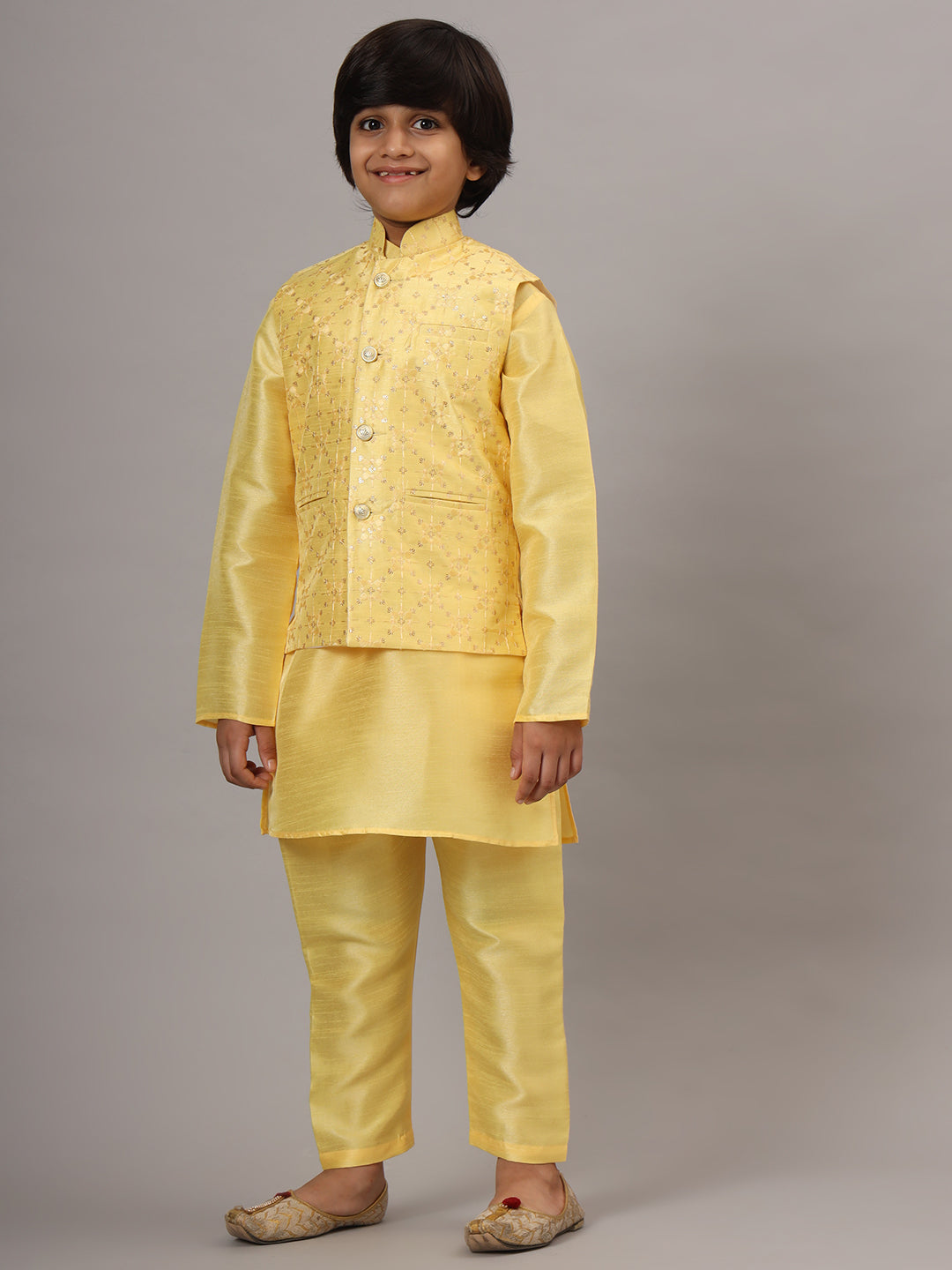 Boys Yellow Kurta Set With Embroidered Nehru Jacket - Tahvo India