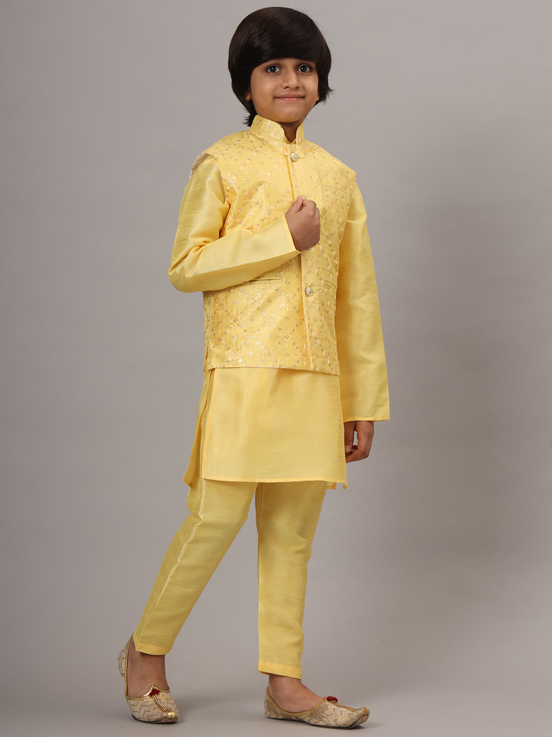 Boys Yellow Kurta Set With Embroidered Nehru Jacket - Tahvo India
