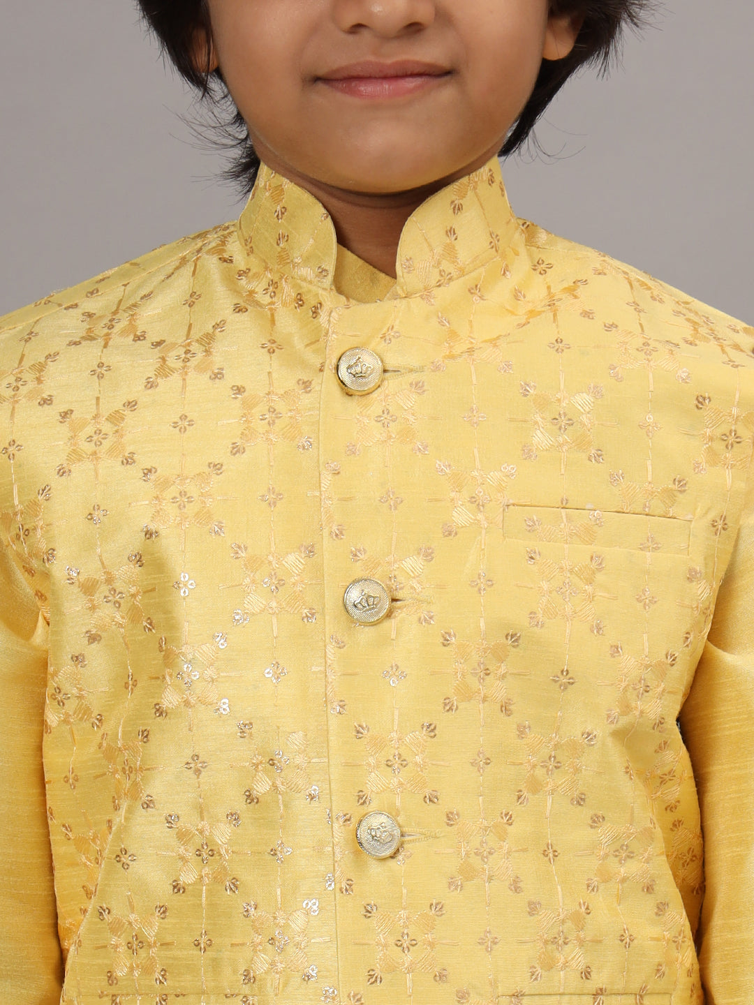 Boys Yellow Kurta Set With Embroidered Nehru Jacket - Tahvo India