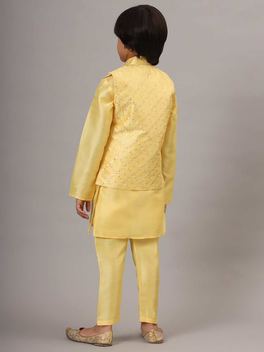 Boys Yellow Kurta Set With Embroidered Nehru Jacket - Tahvo India