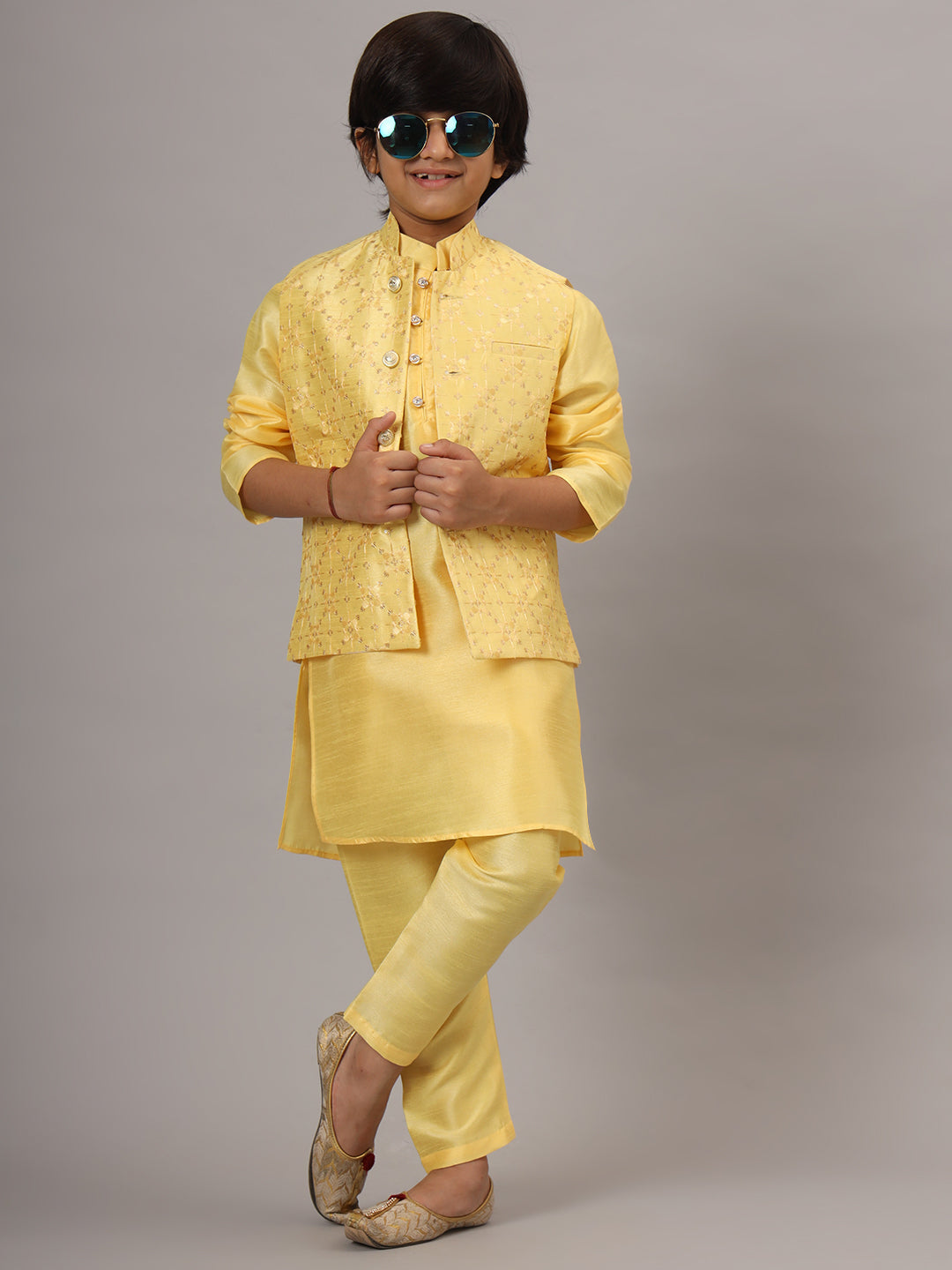 Boys Yellow Kurta Set With Embroidered Nehru Jacket - Tahvo India