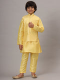 Boys Light Yellow Kurta Set Embroidered With Nehru Jacket - Tahvo India
