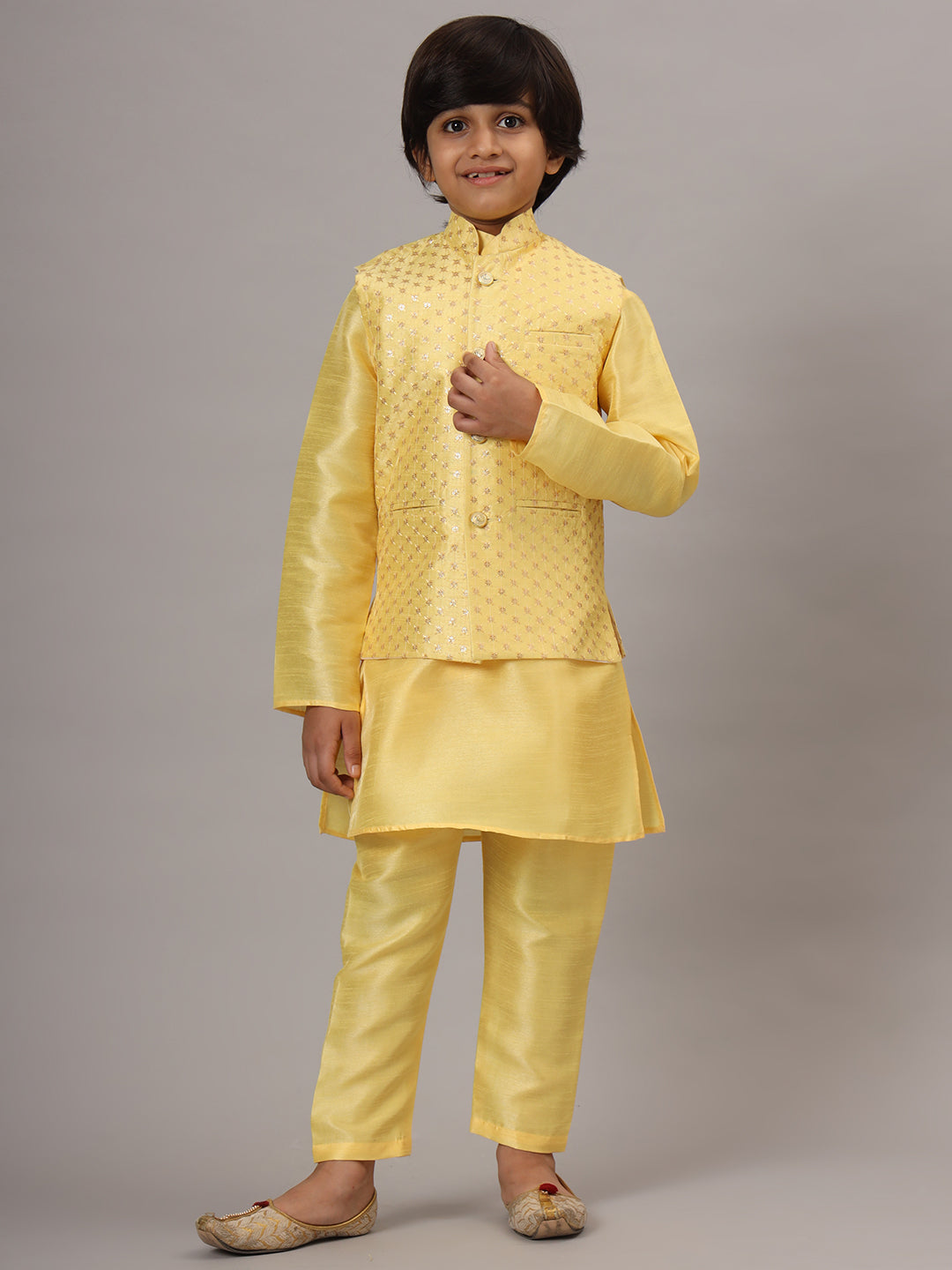 Boys Light Yellow Kurta Set Embroidered With Nehru Jacket - Tahvo India