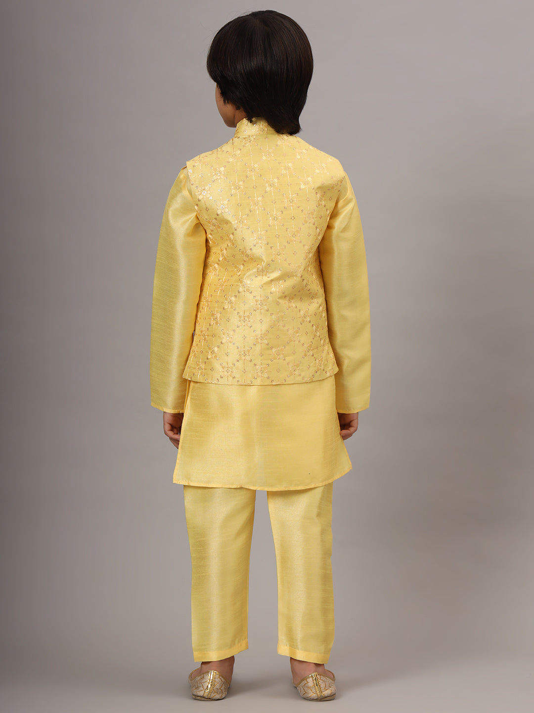 Boys Light Yellow Kurta Set Embroidered With Nehru Jacket - Tahvo India