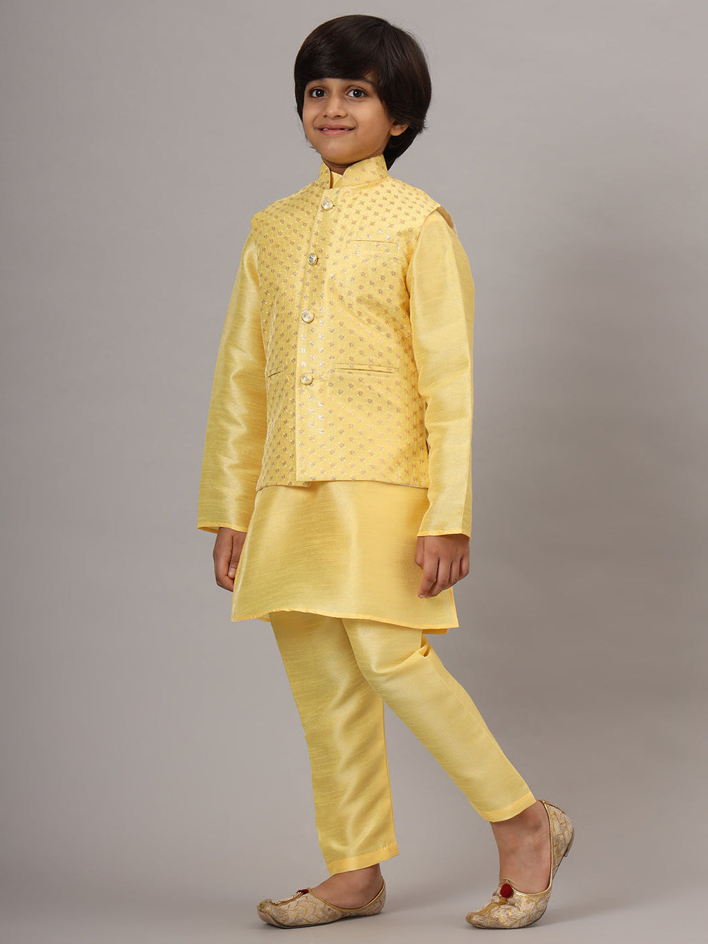 Boys Light Yellow Kurta Set Embroidered With Nehru Jacket - Tahvo India