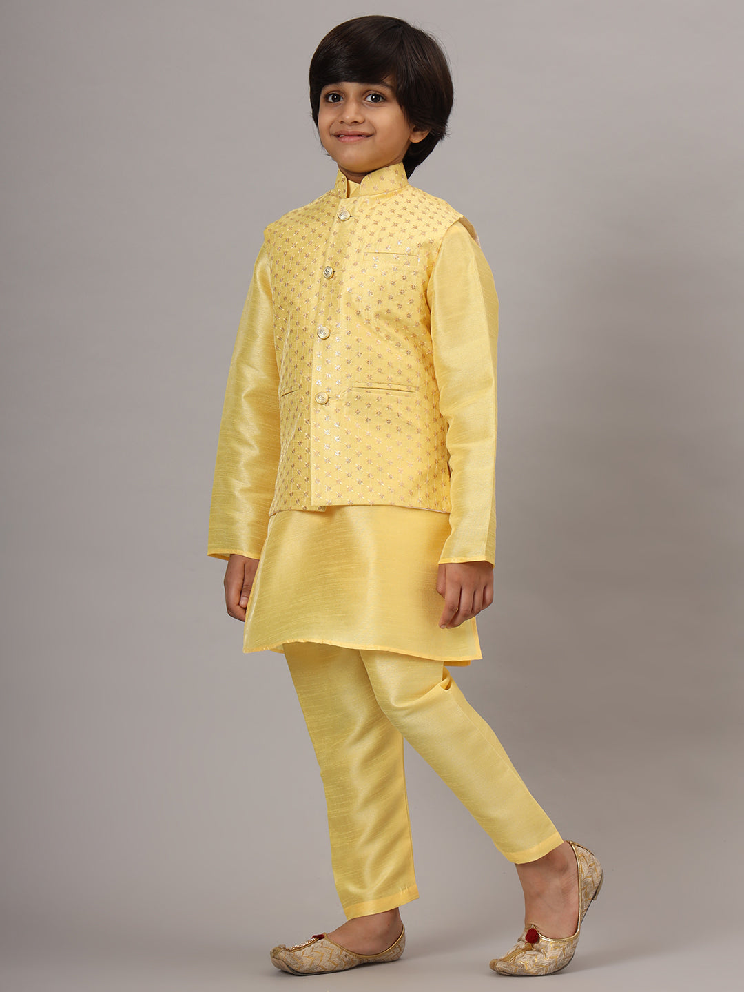Boys Light Yellow Kurta Set Embroidered With Nehru Jacket - Tahvo India