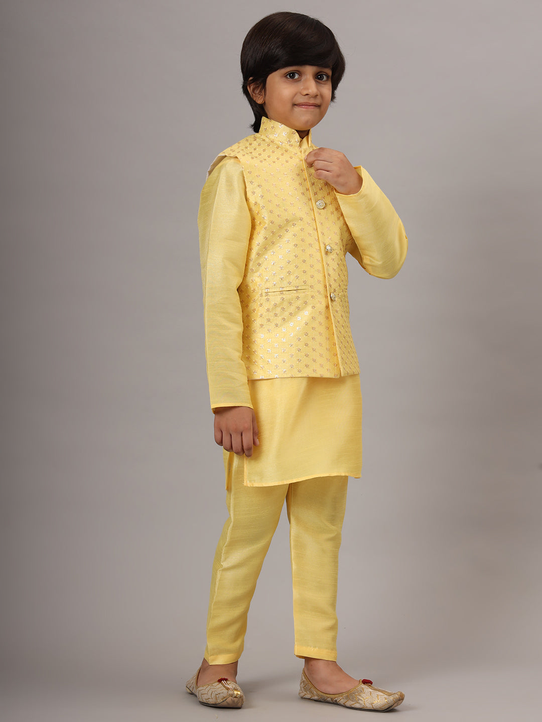 Boys Light Yellow Kurta Set Embroidered With Nehru Jacket - Tahvo India