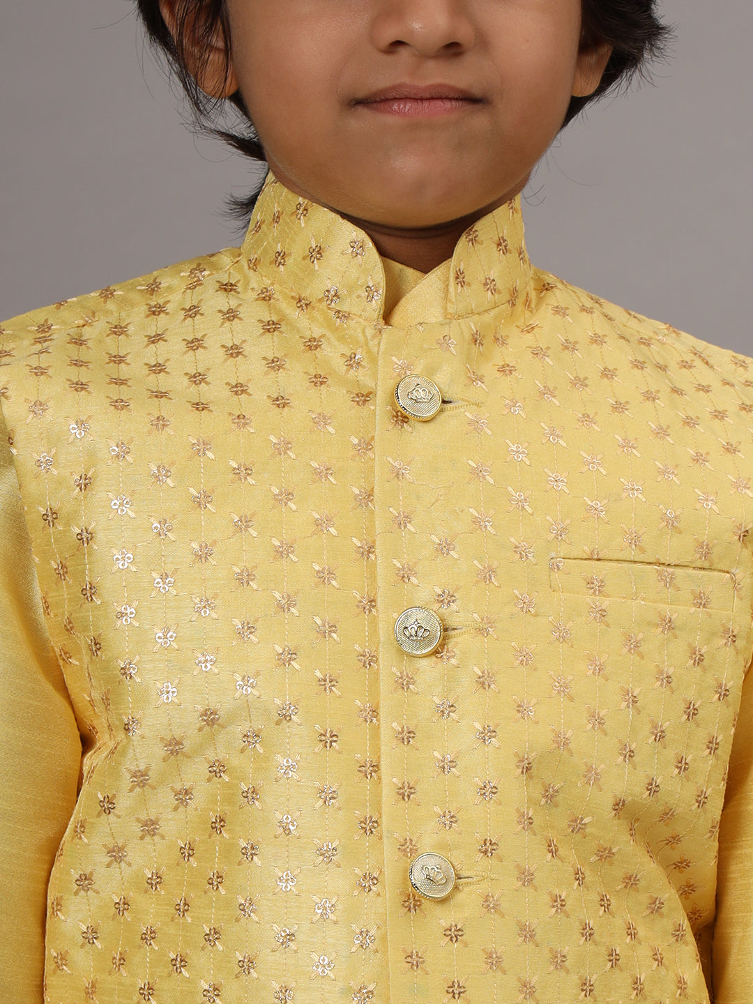 Boys Light Yellow Kurta Set Embroidered With Nehru Jacket - Tahvo India