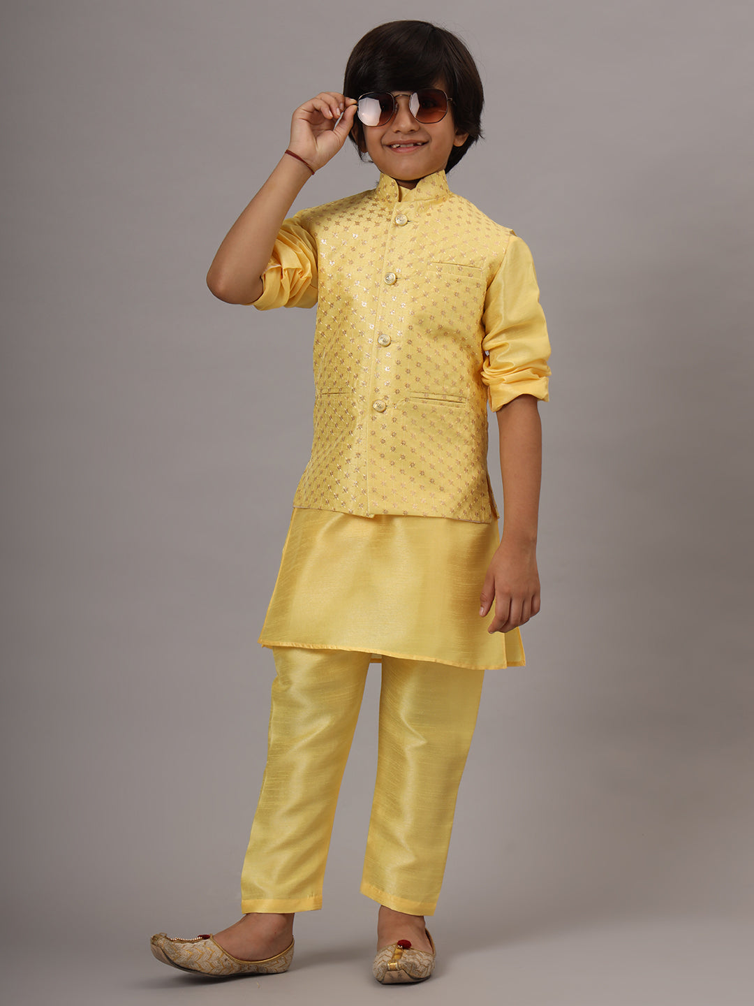 Boys Light Yellow Kurta Set Embroidered With Nehru Jacket - Tahvo India
