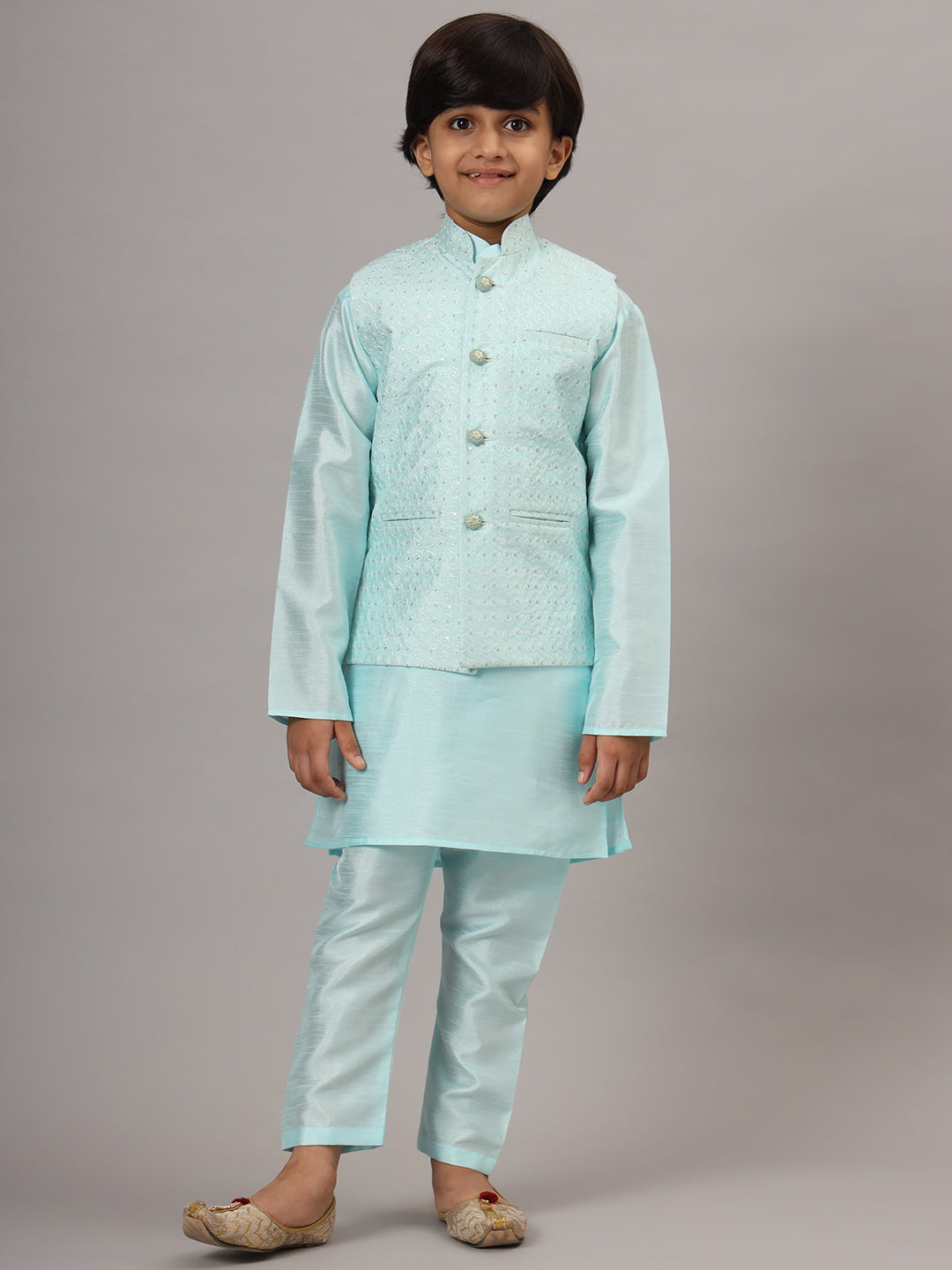 Boys Blue Kurta Set With Embroidered Nehru Jacket - Tahvo India