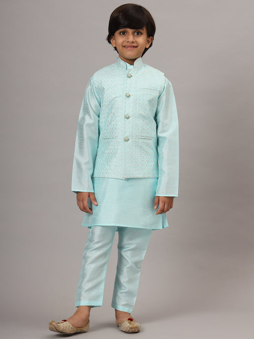 Boys Blue Kurta Set With Embroidered Nehru Jacket - Tututree