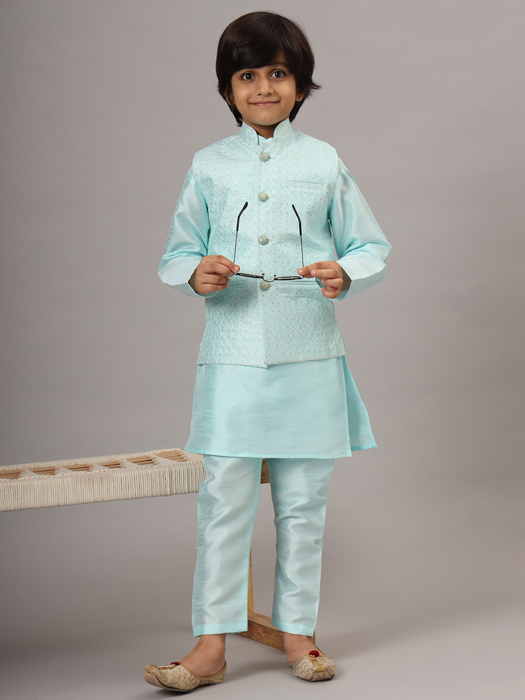 Boys Blue Kurta Set With Embroidered Nehru Jacket - Tahvo India