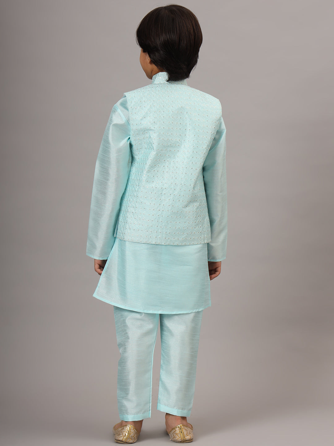 Boys Blue Kurta Set With Embroidered Nehru Jacket - Tahvo India