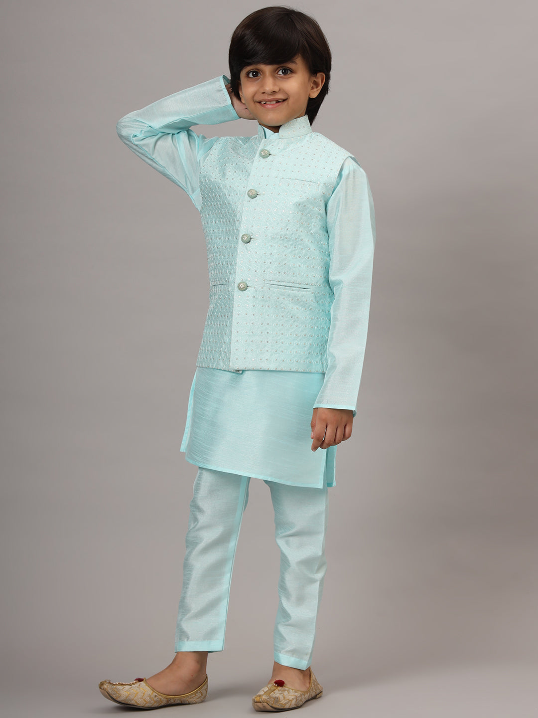 Boys Blue Kurta Set With Embroidered Nehru Jacket - Tahvo India