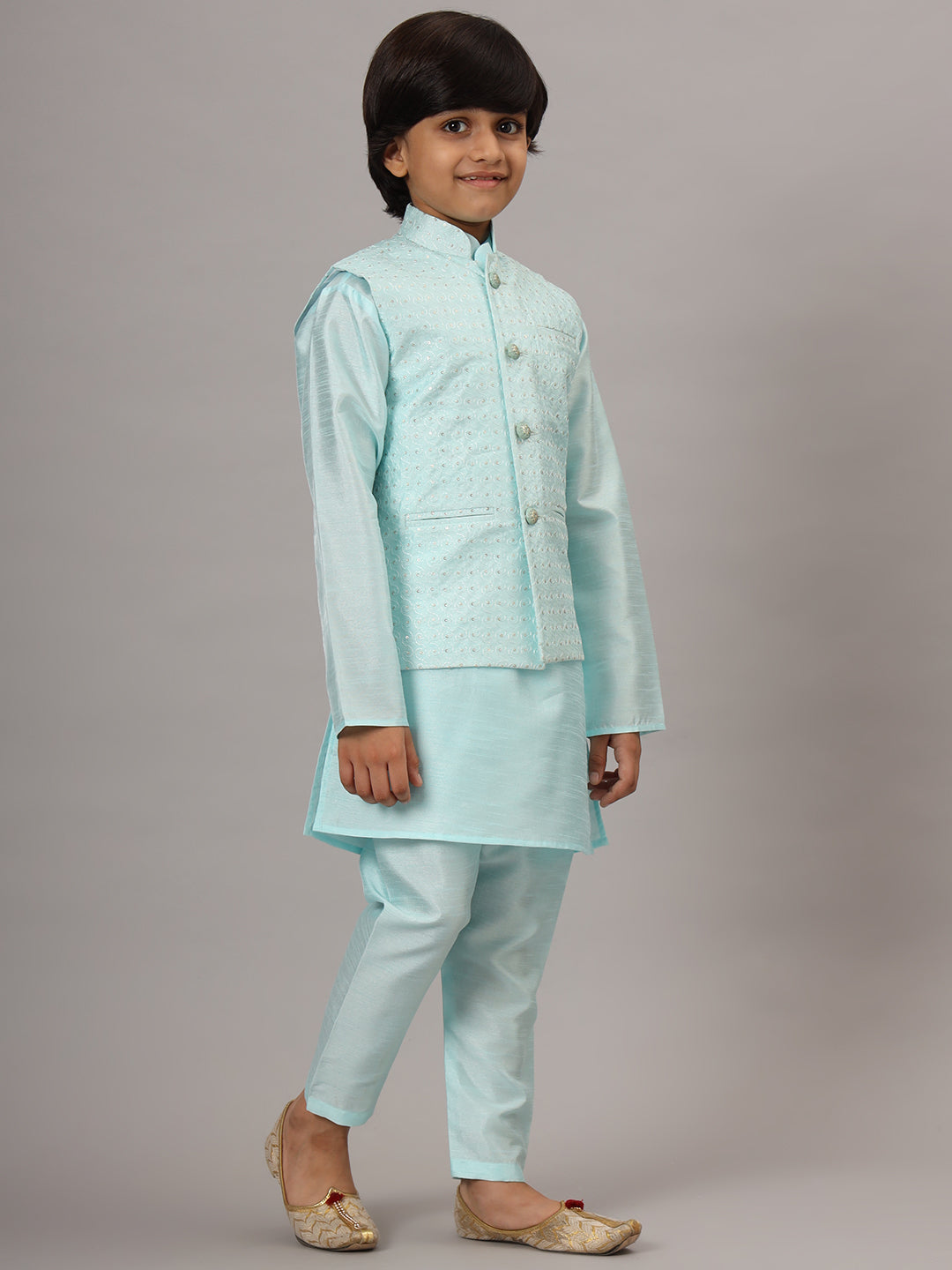 Boys Blue Kurta Set With Embroidered Nehru Jacket - Tututree