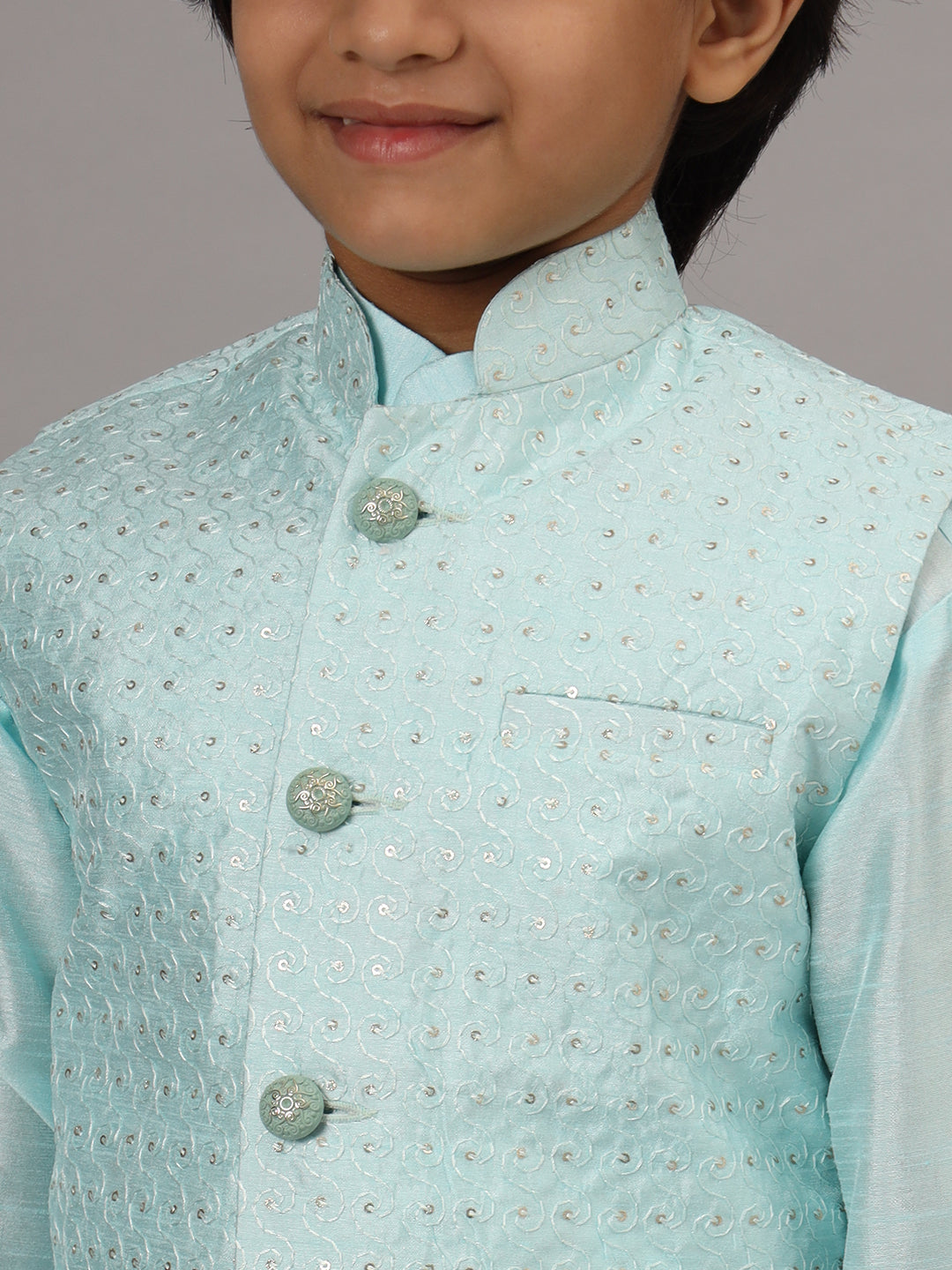 Boys Blue Kurta Set With Embroidered Nehru Jacket - Tahvo India