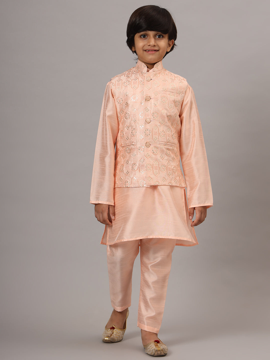 Boys Peach Kurta Set With Embroidered Nehru Jacket - Tahvo India