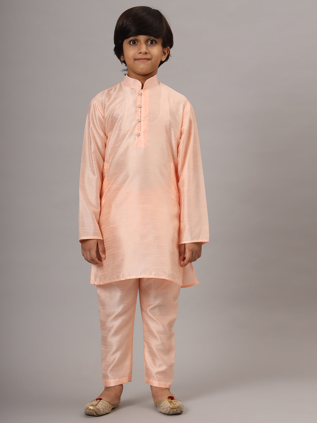 Boys Peach Kurta Set With Embroidered Nehru Jacket - Tahvo India