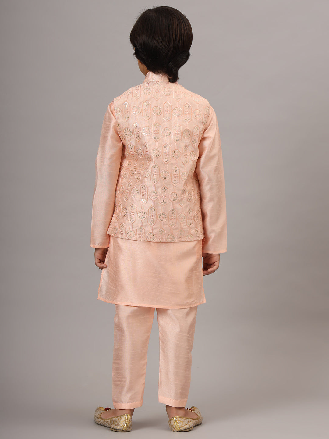 Boys Peach Kurta Set With Embroidered Nehru Jacket - Tahvo India