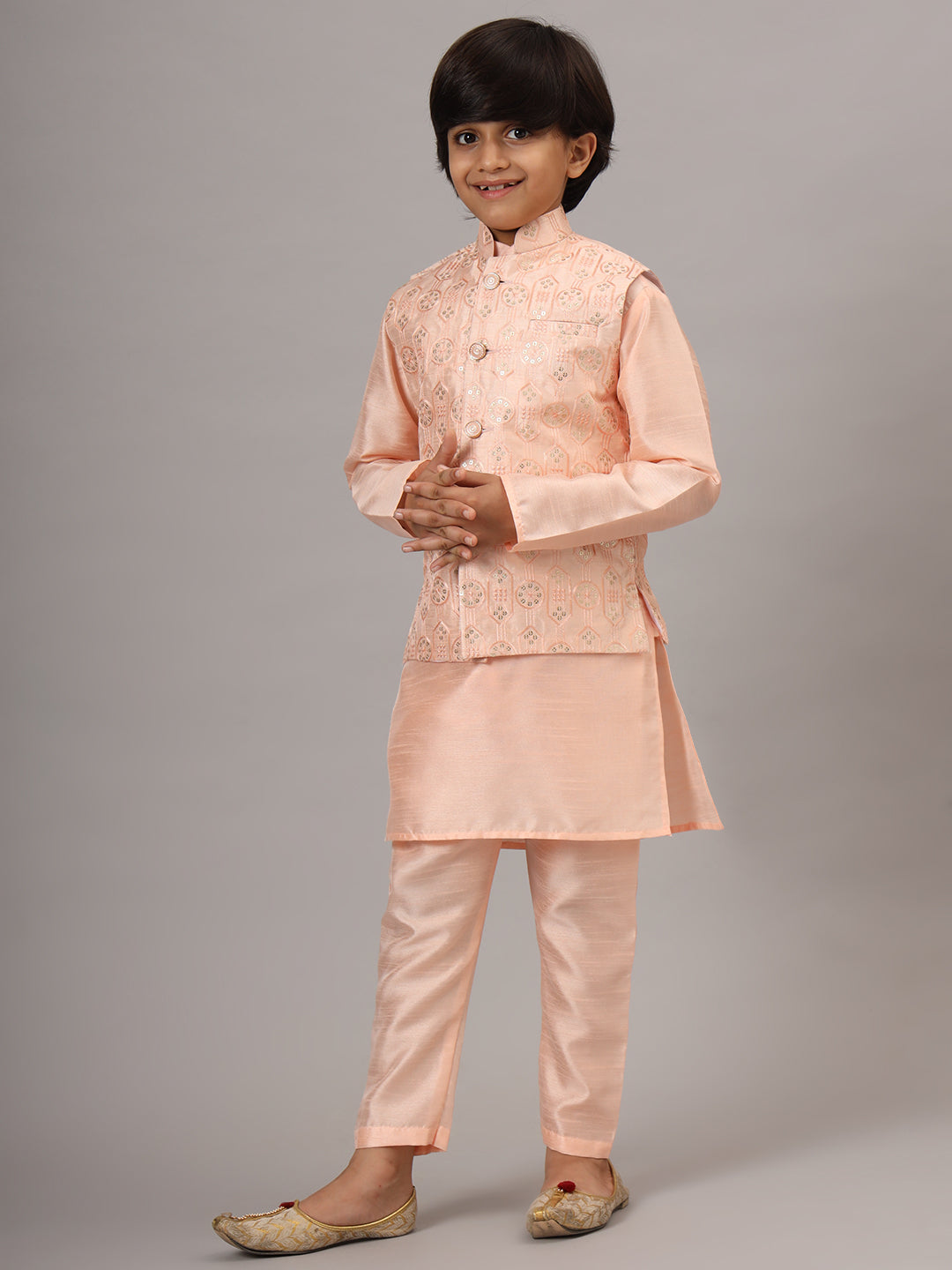 Boys Peach Kurta Set With Embroidered Nehru Jacket - Tahvo India