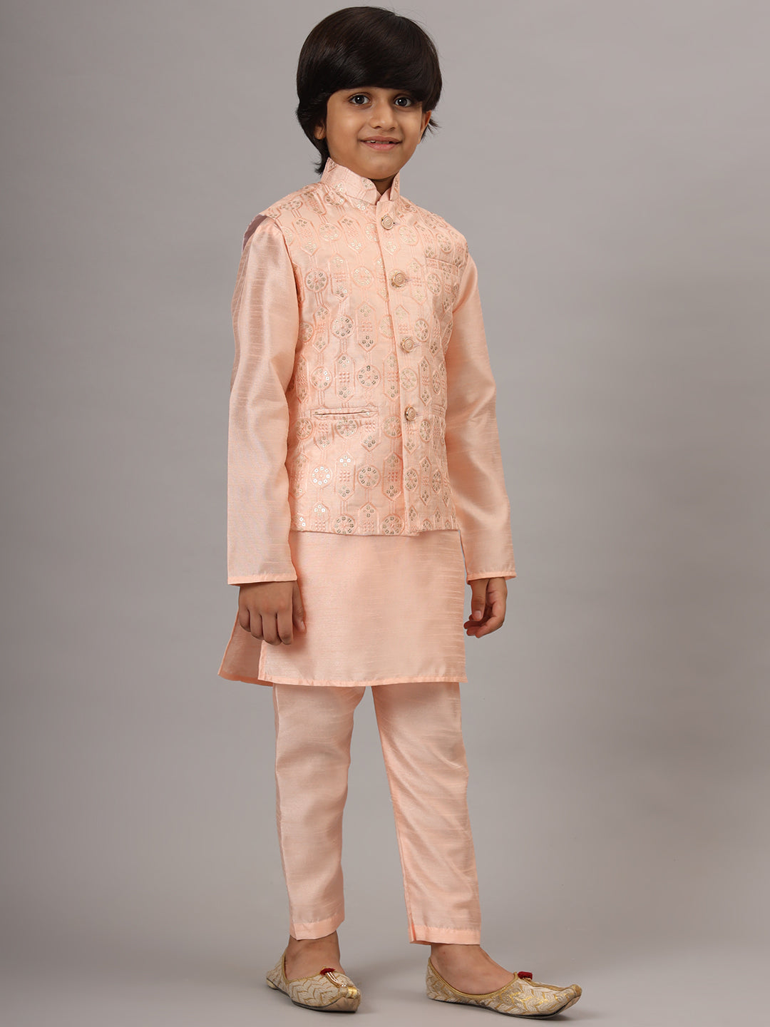 Boys Peach Kurta Set With Embroidered Nehru Jacket - Tahvo India