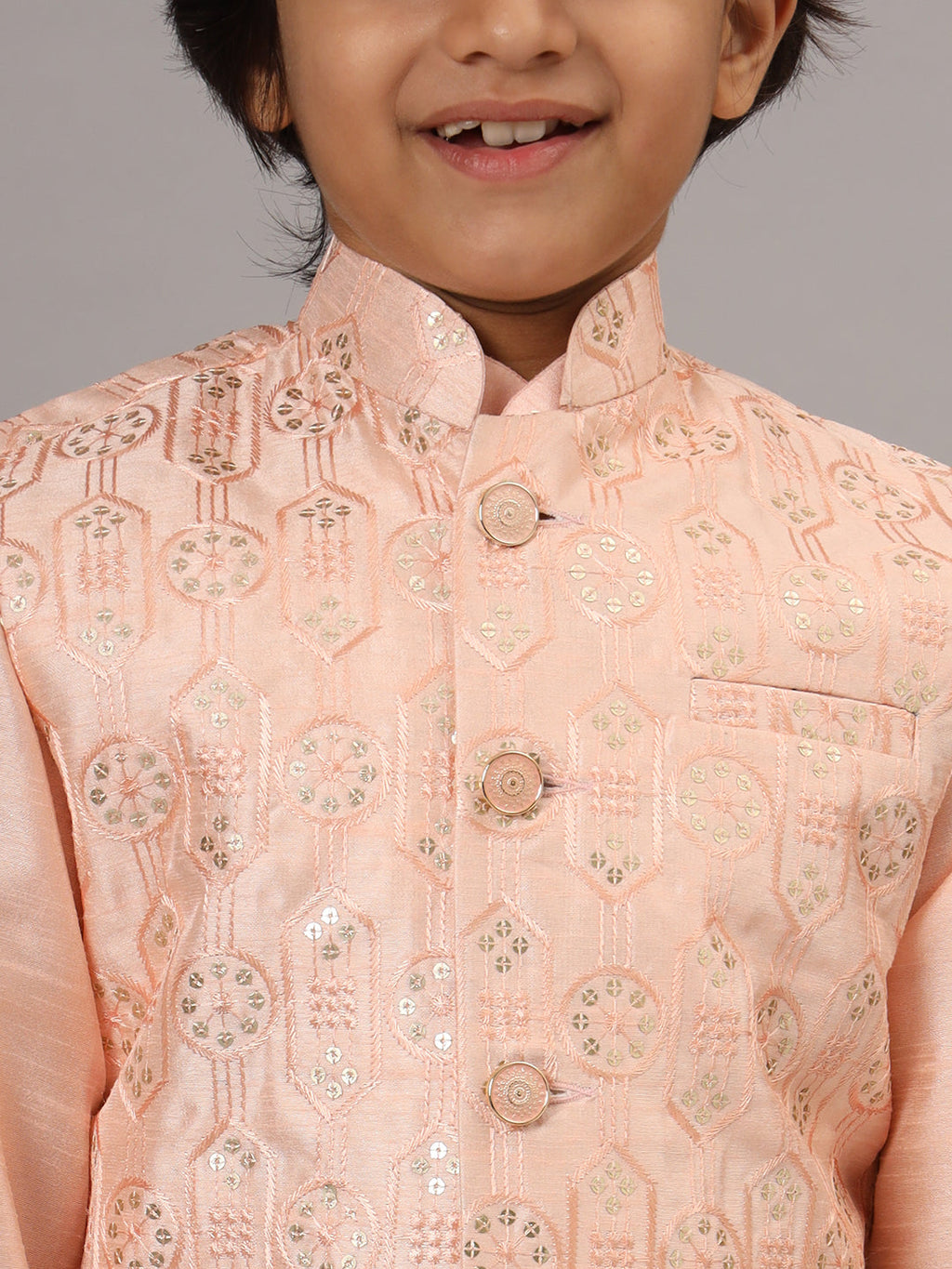 Boys Peach Kurta Set With Embroidered Nehru Jacket - Tahvo India