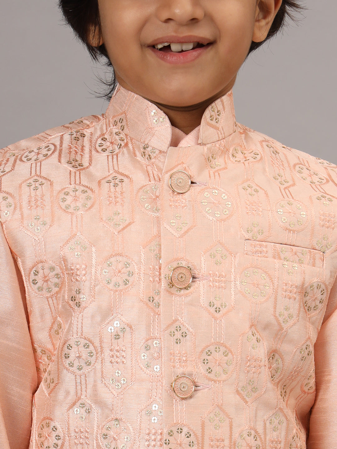 Boys Peach Kurta Set With Embroidered Nehru Jacket - Tahvo India