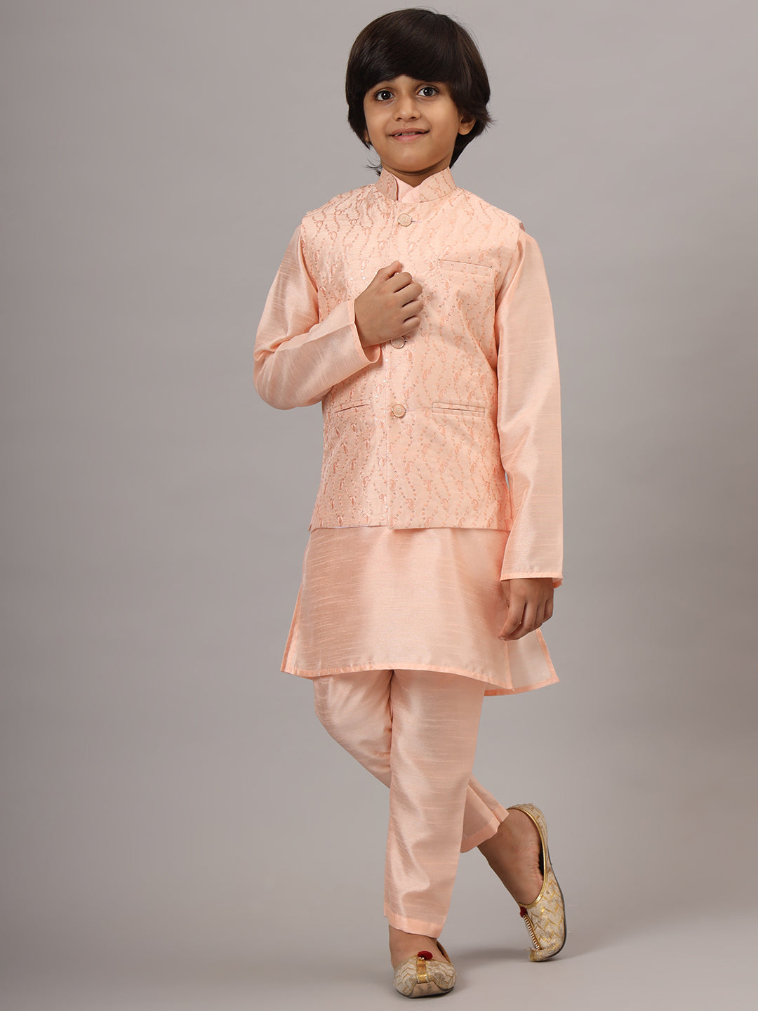 Boys Peach Kurta Set With Embroidered Nehru Jacket - Tahvo India