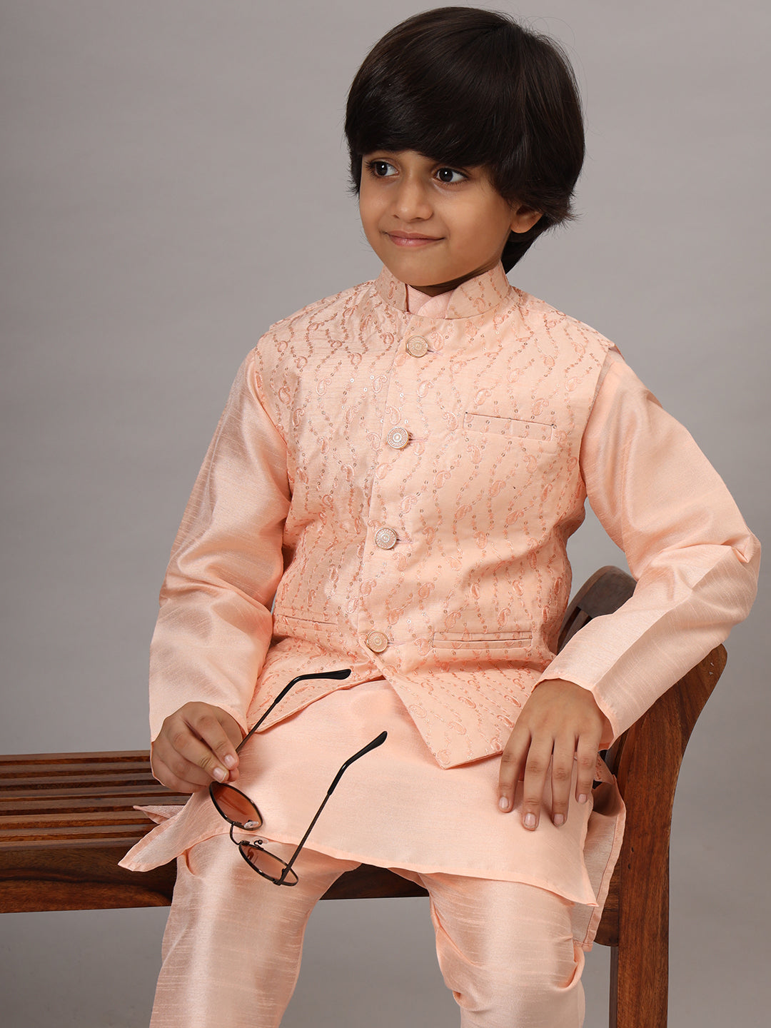 Boys Peach Kurta Set With Embroidered Nehru Jacket - Tahvo India