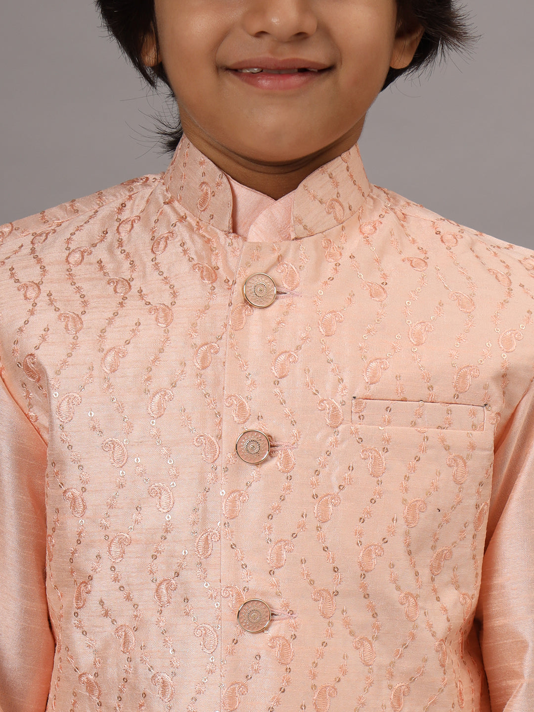 Boys Peach Kurta Set With Embroidered Nehru Jacket - Tahvo India