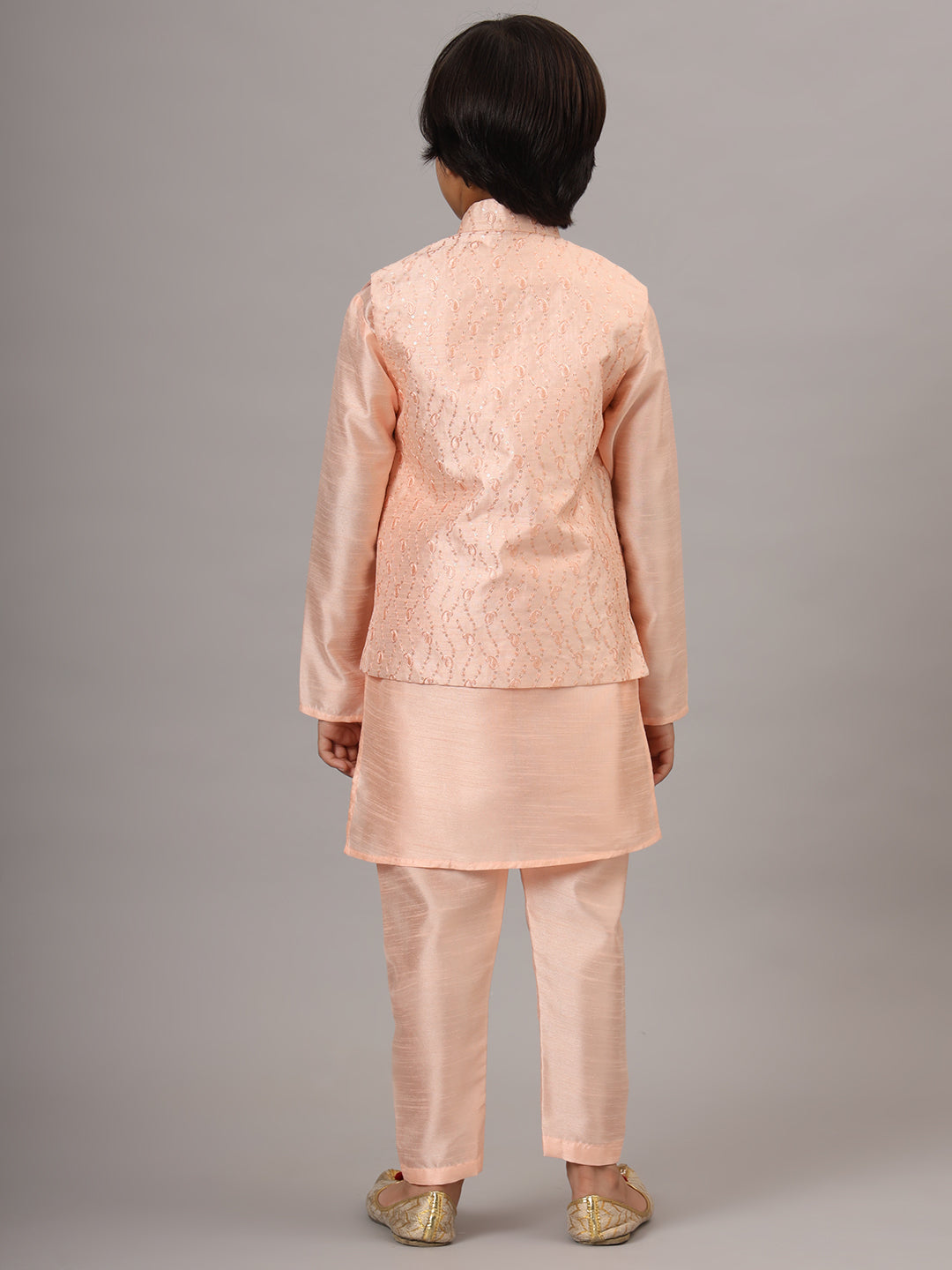 Boys Peach Kurta Set With Embroidered Nehru Jacket - Tahvo India