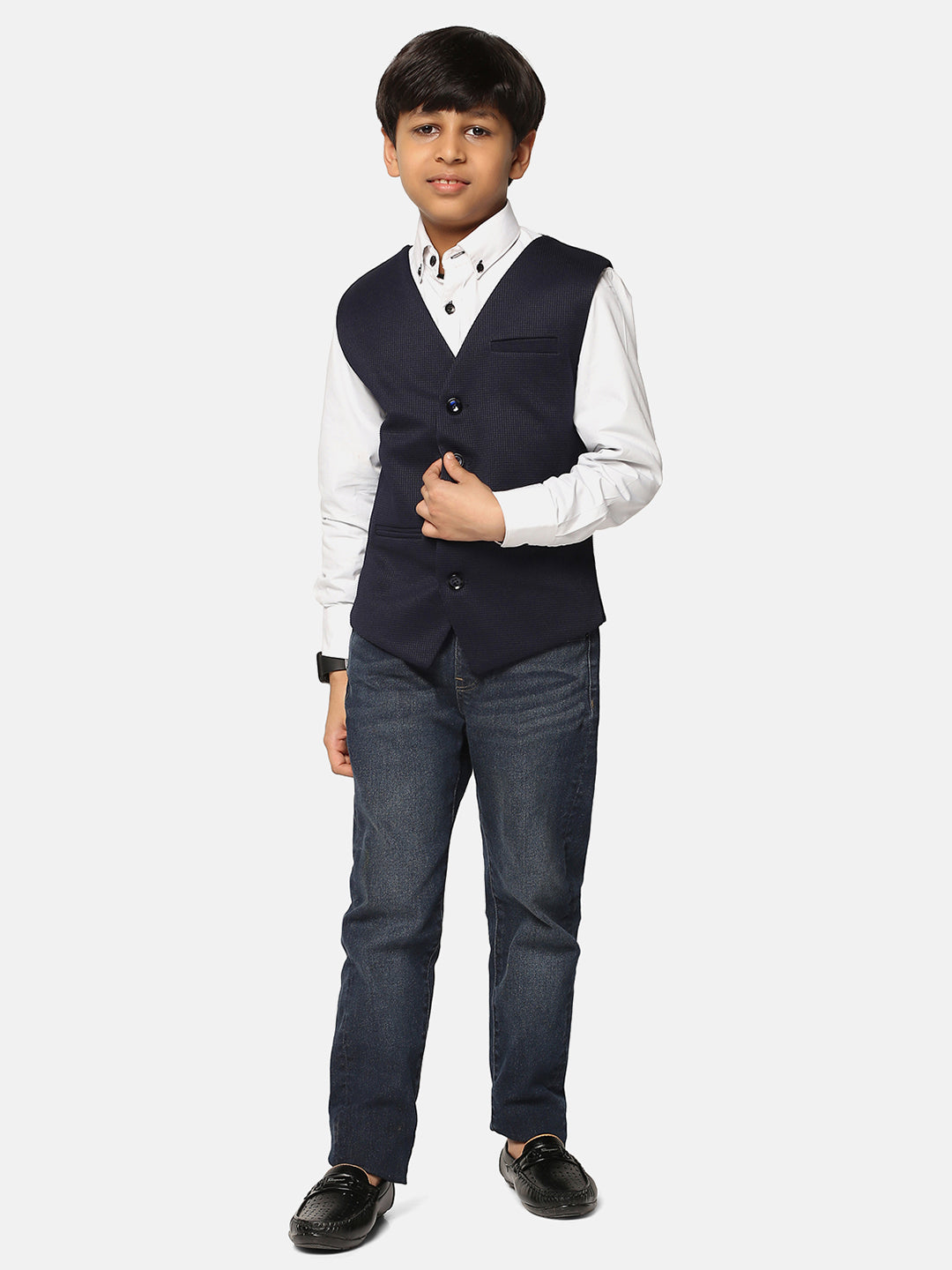 Boys Blue Textured Waistcoat - Tahvo India