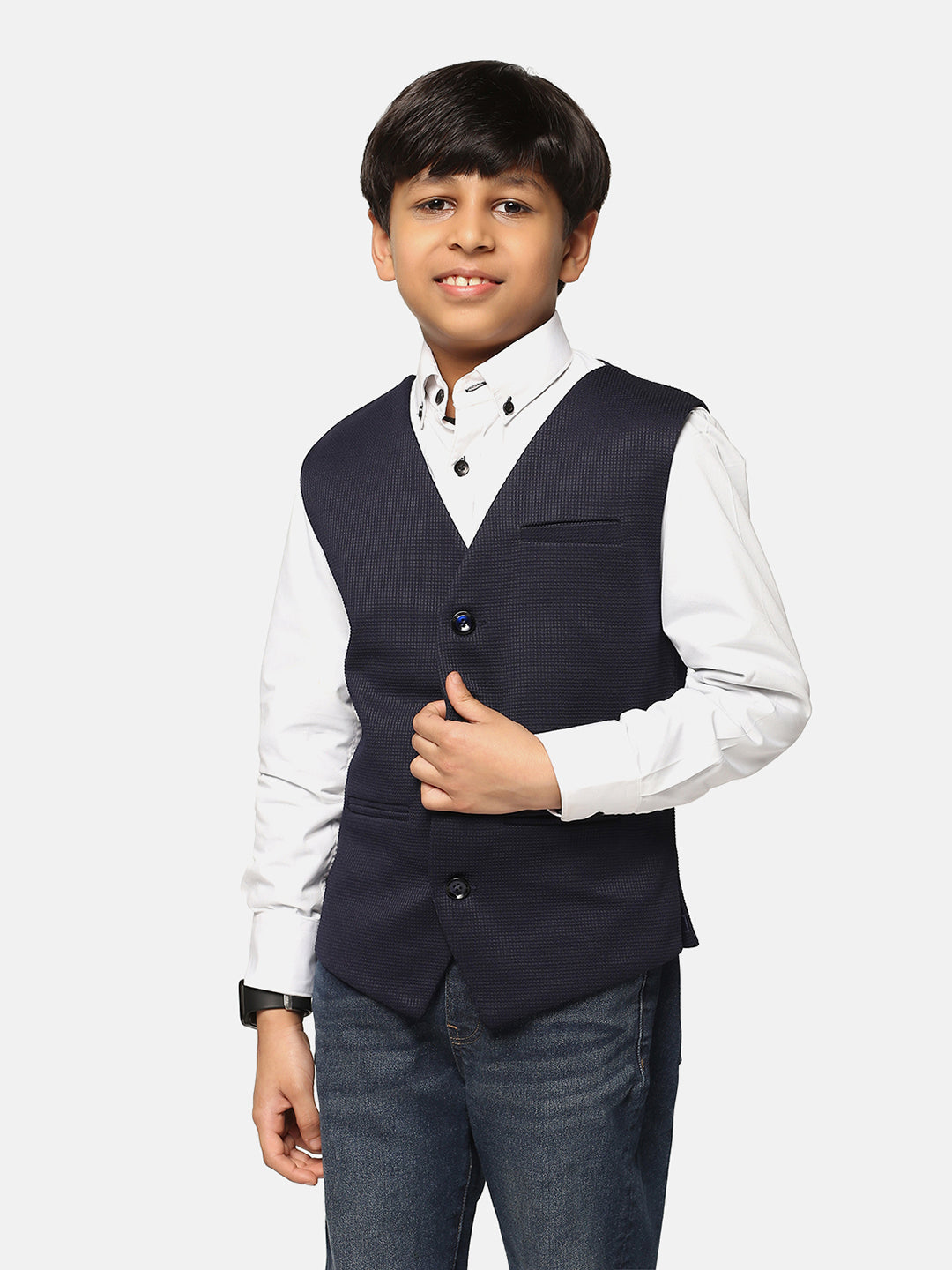 Boys Blue Textured Waistcoat - Tahvo India