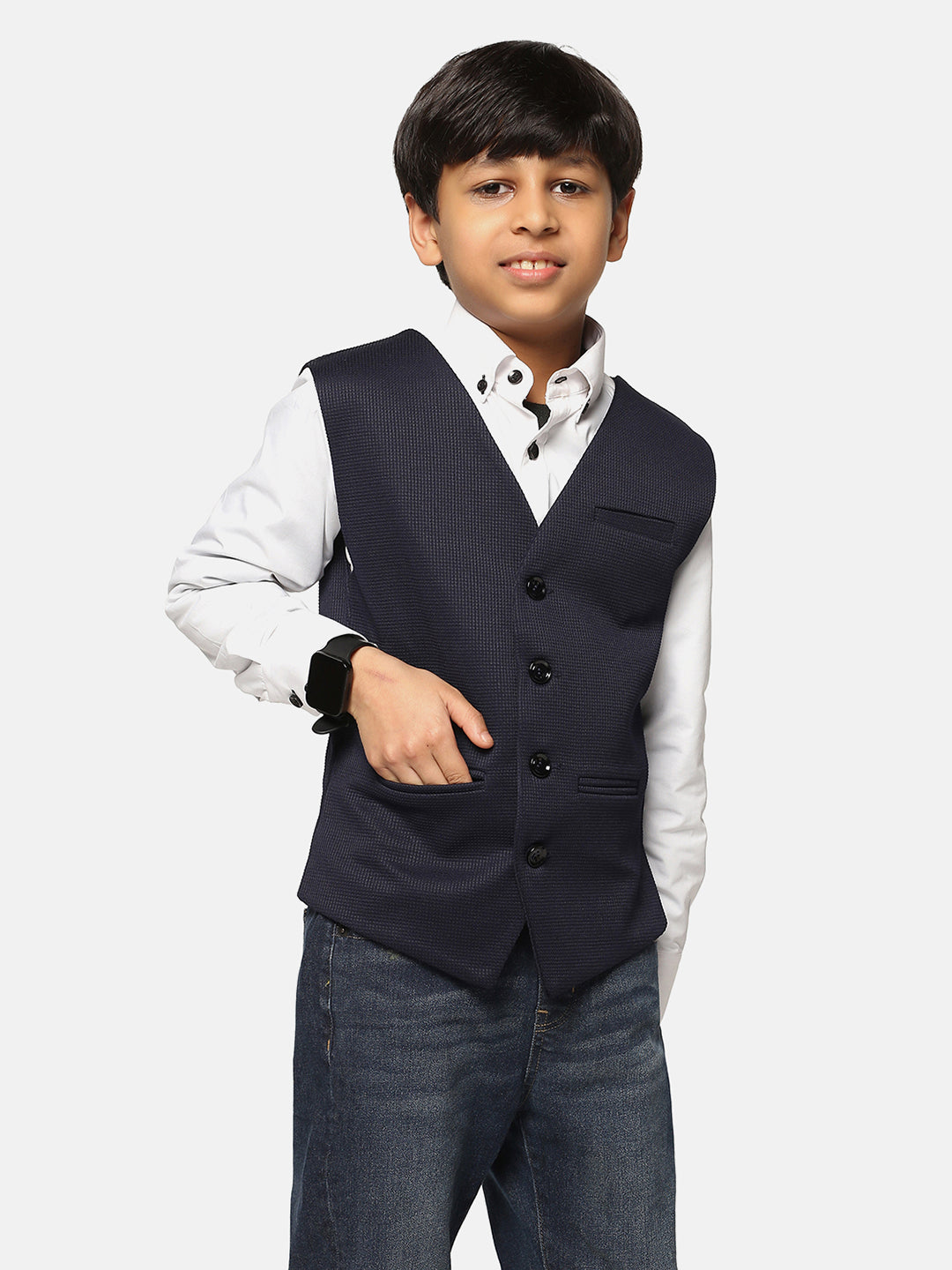 Boys Blue Textured Waistcoat - Tahvo India
