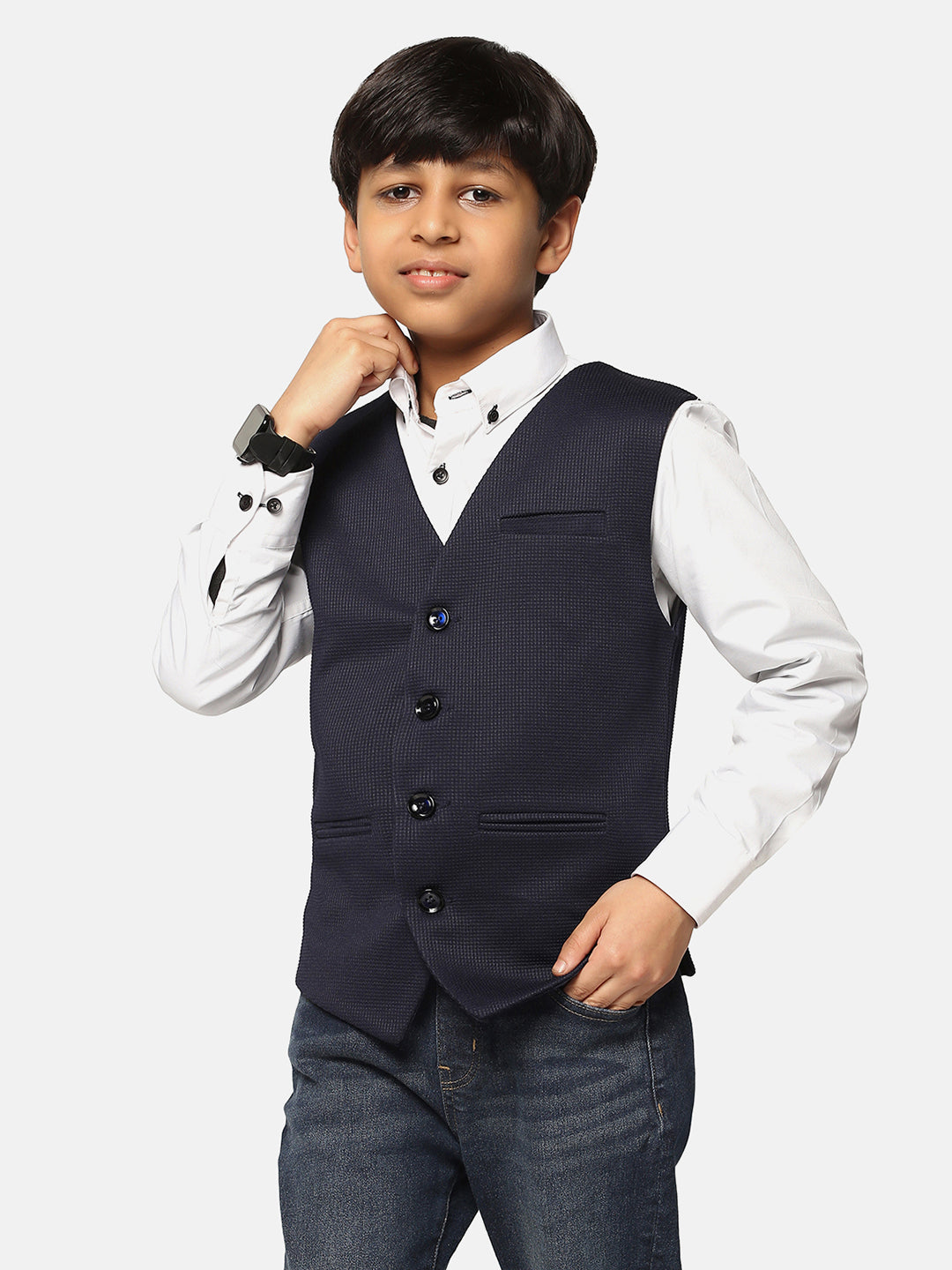 Boys Blue Textured Waistcoat - Tahvo India