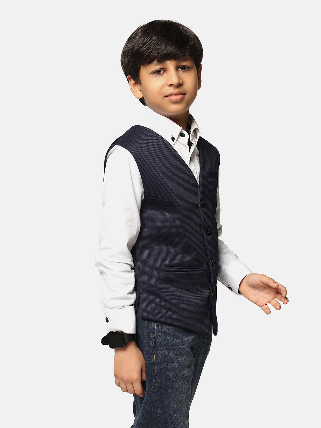 Boys Blue Textured Waistcoat - Tahvo India