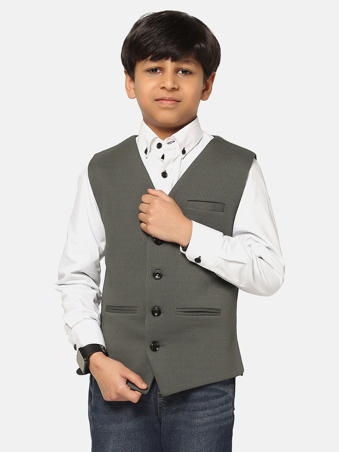 Kids Green Textured Waistcoat - Tahvo India