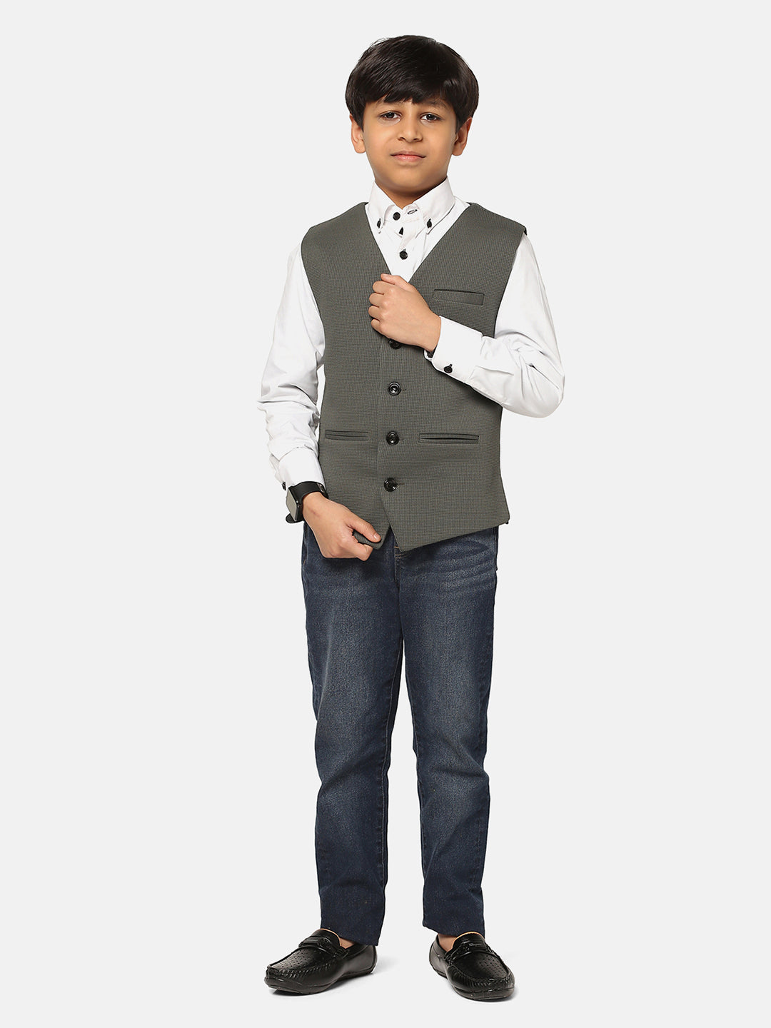 Kids Green Textured Waistcoat - Tahvo India
