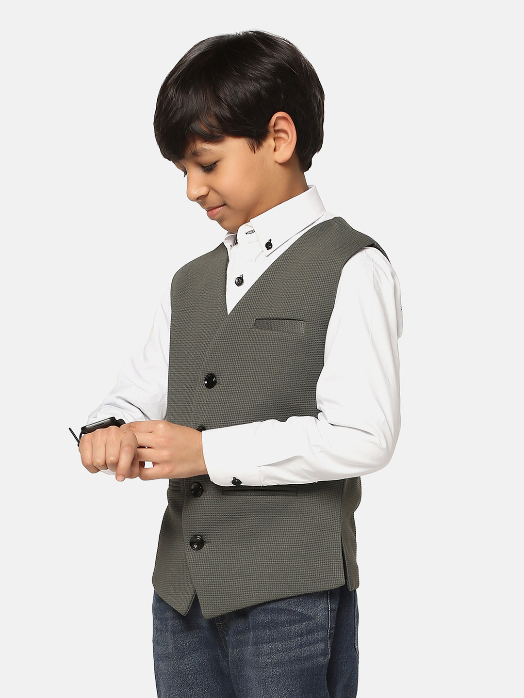 Kids Green Textured Waistcoat - Tahvo India