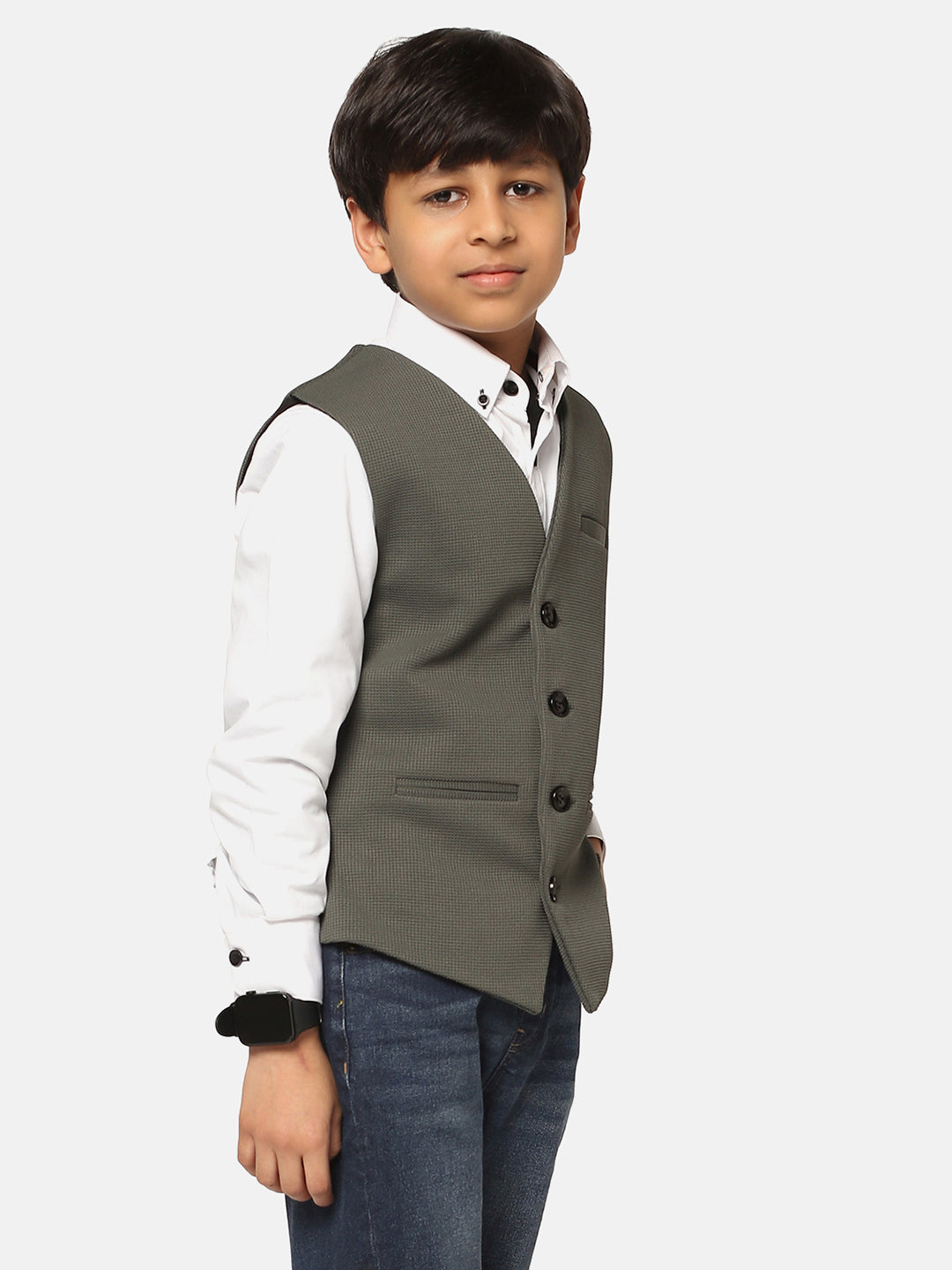 Kids Green Textured Waistcoat - Tahvo India