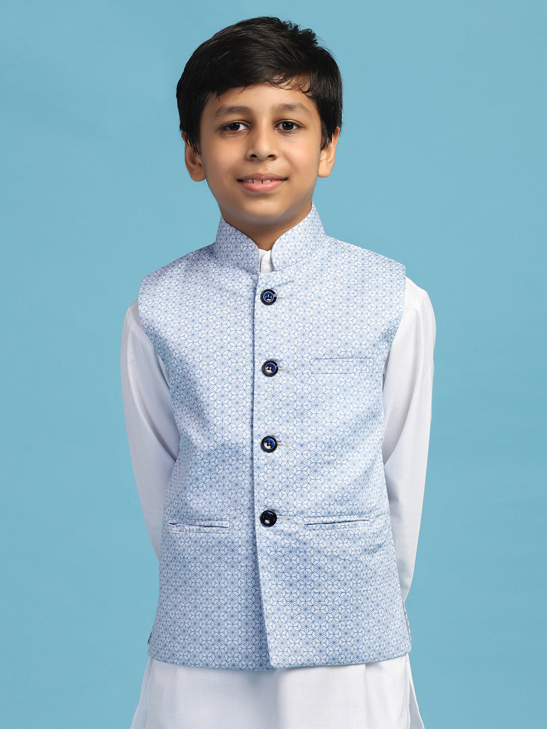 Boys Light Blue Printed Nehru Jacket - Tahvo India
