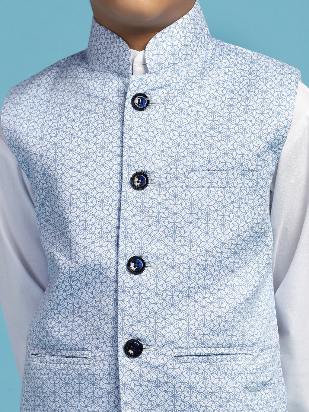 Boys Light Blue Printed Nehru Jacket - Tahvo India