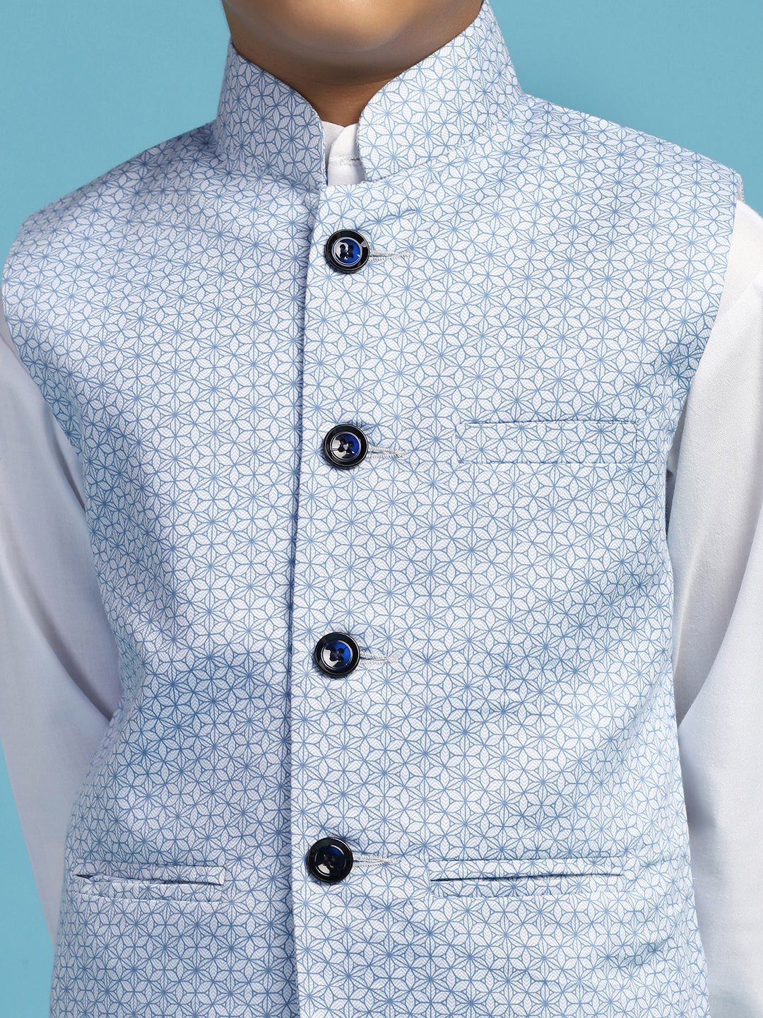 Boys Light Blue Printed Nehru Jacket - Tututree