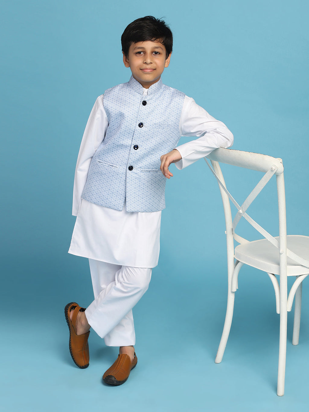 Boys Light Blue Printed Nehru Jacket - Tahvo India